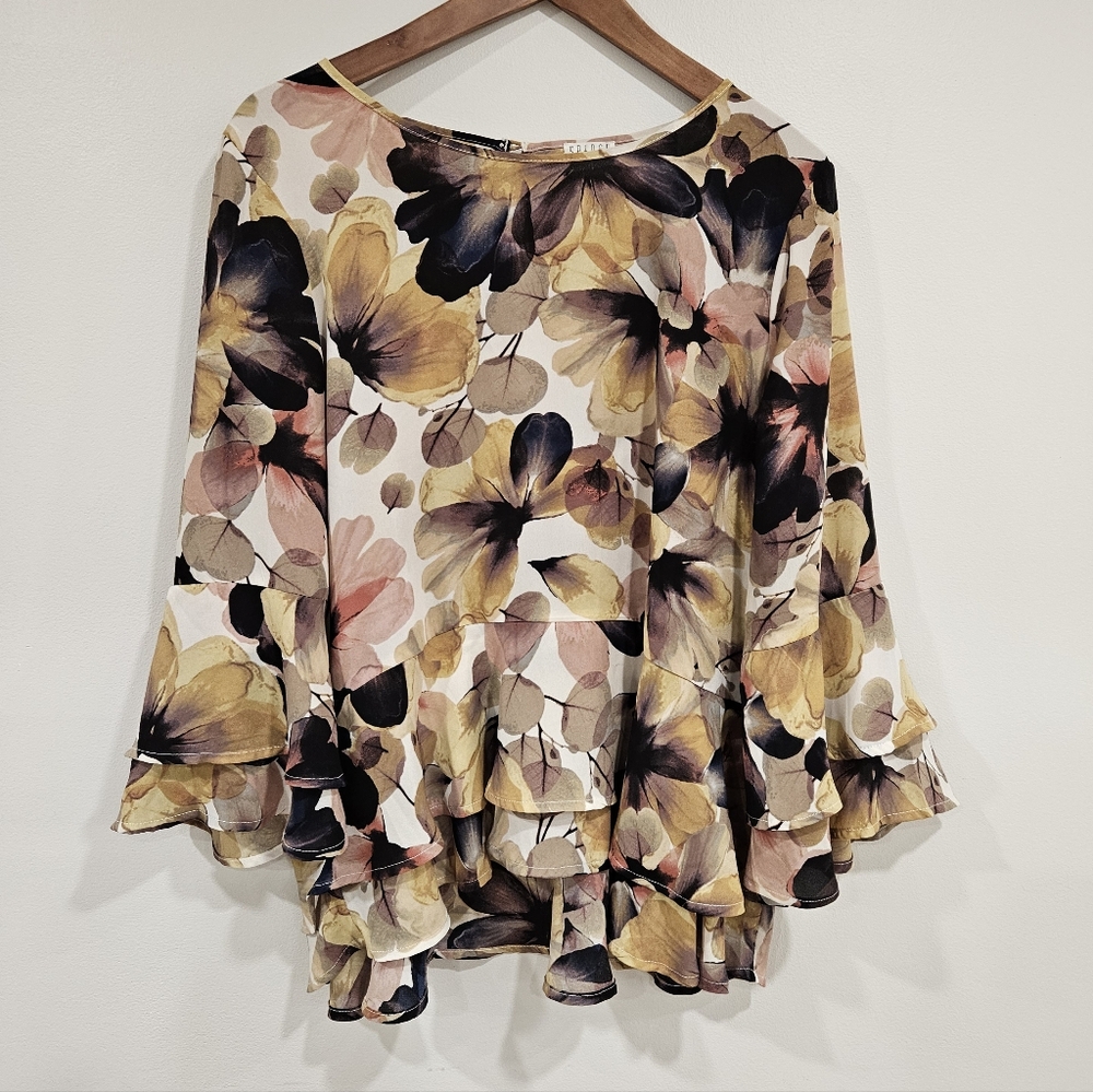 Floral Ruffle Sleeve & Hem Floral Blouse by Spence. No Size Tag (LARGE/XL)